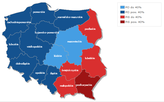 Выборы в Польше, 2011 - карта. Источник: Onet.pl